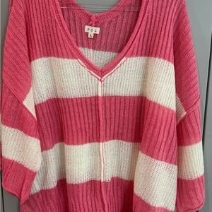 POL Striped V-Neck Sweater in Pink and White